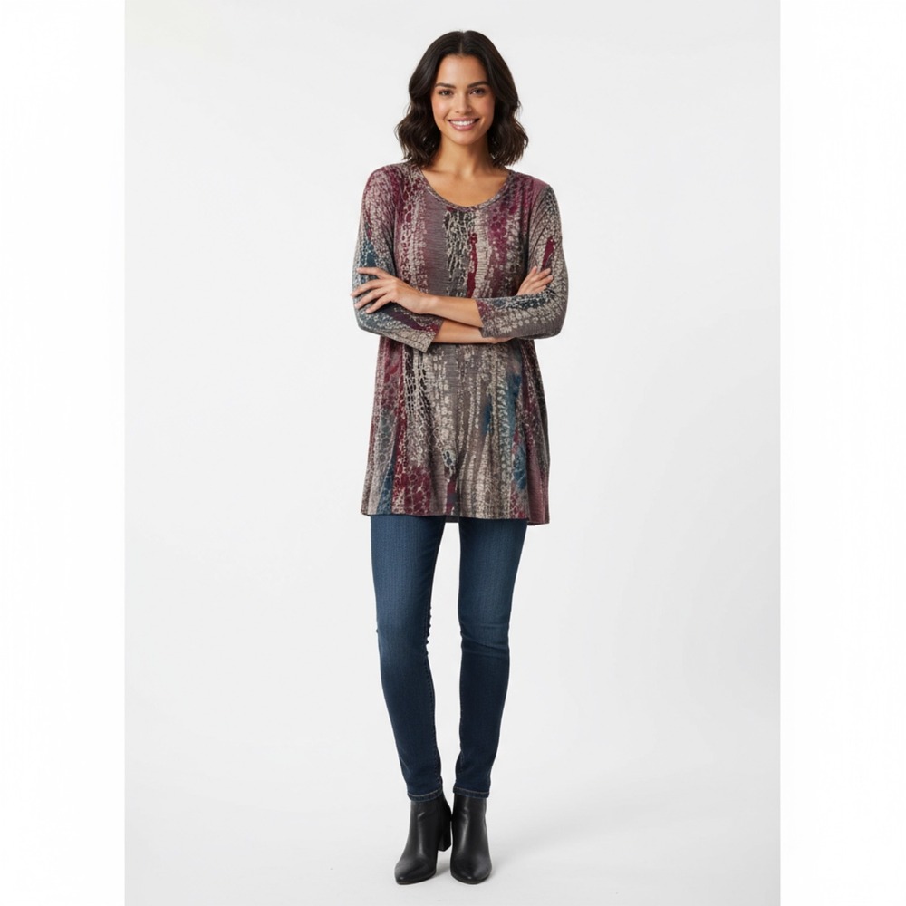 Ali Miles‎ Women's M Long Sleeve V Neck Abstract Print Tunic Top Beige Burgundy